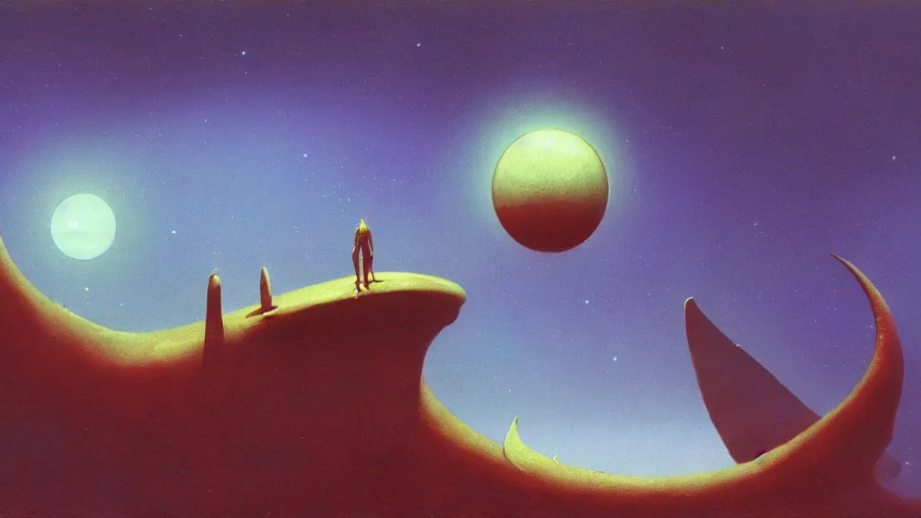 Image similar to mysterious whimsical sculpture of an alien crescent moon by paul lehr and john schoenherr and john harris, cinematic matte painting