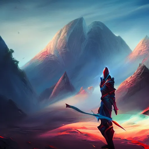 Image similar to zed from league of legends, zed, league of legends, meditation, meditating peacefully, surrealistic landscape, distant fog, large mountains, colorful, volumetric lighting, artstation, devianart, sharp focus, cinematic, digital art