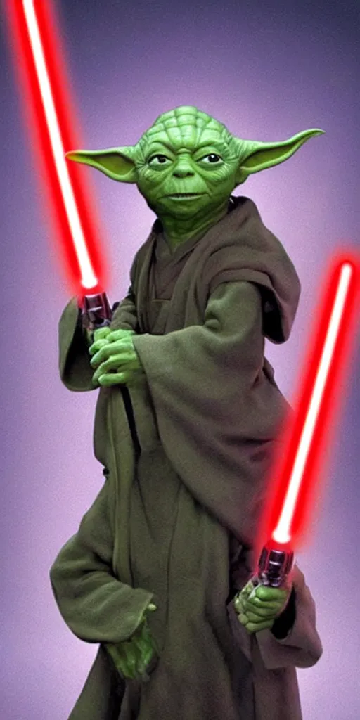 Image similar to yoda, as a sith lord, with a red lightsaber, using the dark force, realistic, ultra realistic