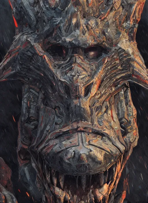 Prompt: close up portrait of a monster robot in the mountains of hell, oil painting by tomasz jedruszek, cinematic lighting, pen and ink, intricate line, hd, 4 k, million of likes, trending on artstation