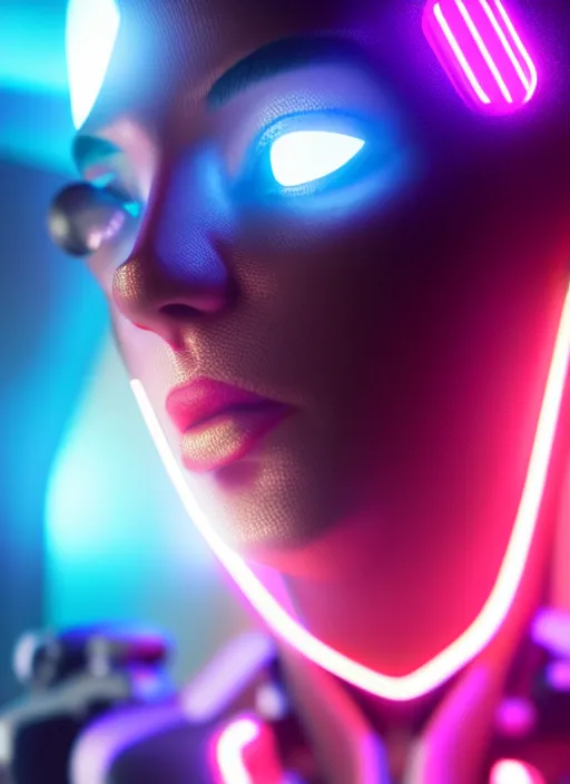 Image similar to Centered close up bokeh shot of cyborg women, cyberpunk background, High action glowing neon lights, digital art, artstation, cinematic, volumetric lighting, Award winning, ultra high resolution, intricate details, rendered with unreal engine, octane render, UHD 8K