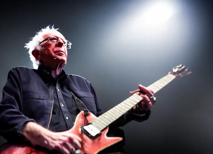 Image similar to publicity photo still of bernie sanders in a death metal band playing live on stage, 8 k, live concert lighting, mid shot