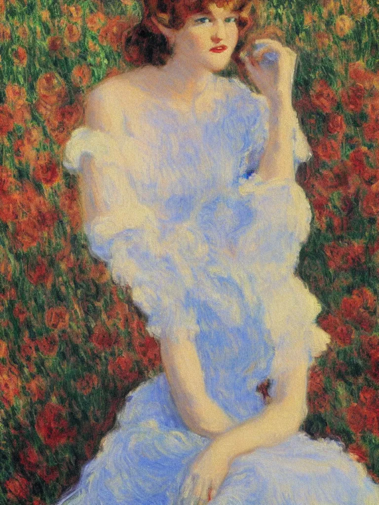 Image similar to portrait of < zelda fitzgerald > as a beautiful young lady, in the sun, slim, out of focus, pleinairism, backlit, closeup, oil on canvas, atr by monet, in the style of le promenade, smooth, impressionnisme, 8 k