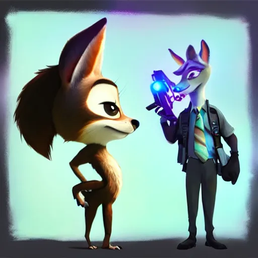 Image similar to “ animal character in the style of zootopia holding laser gun, floating alone, with a black dark background, digital art, award winning, trending on art station ”