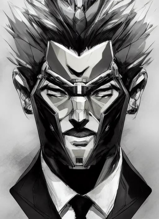 Image similar to Half body portrait of a god of cosmos and intellect, a man in a suit wearing a mirror mask. In style of Yoji Shinkawa and Hyung-tae Kim, trending on ArtStation, dark fantasy, great composition, concept art, highly detailed, dynamic pose.