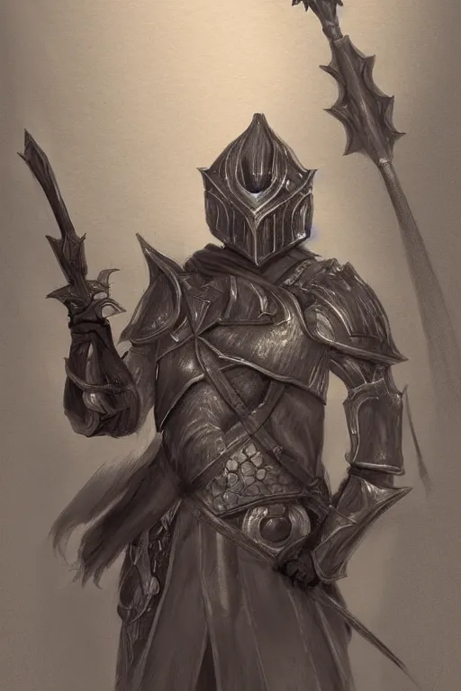 Prompt: a drawing of a man in armor holding a staff, concept art by nina tryggvadottir, deviantart contest winner, fantasy art, concept art, 2 d game art, d & d