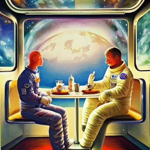 Prompt: two astronauts sitting in the corner booth of a greasy diner on the moon, beautiful painting, incredible detail, stunning light