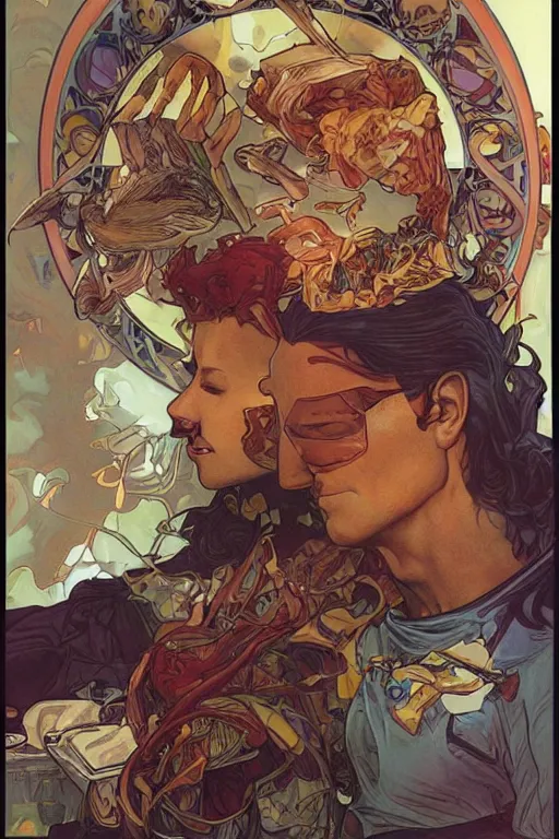 Image similar to software engineers eating chicken sandwiches, by artgerm and moebius and alphonse mucha, hyperdetailed, dc comics, explosions in the sky, trending on deviantart