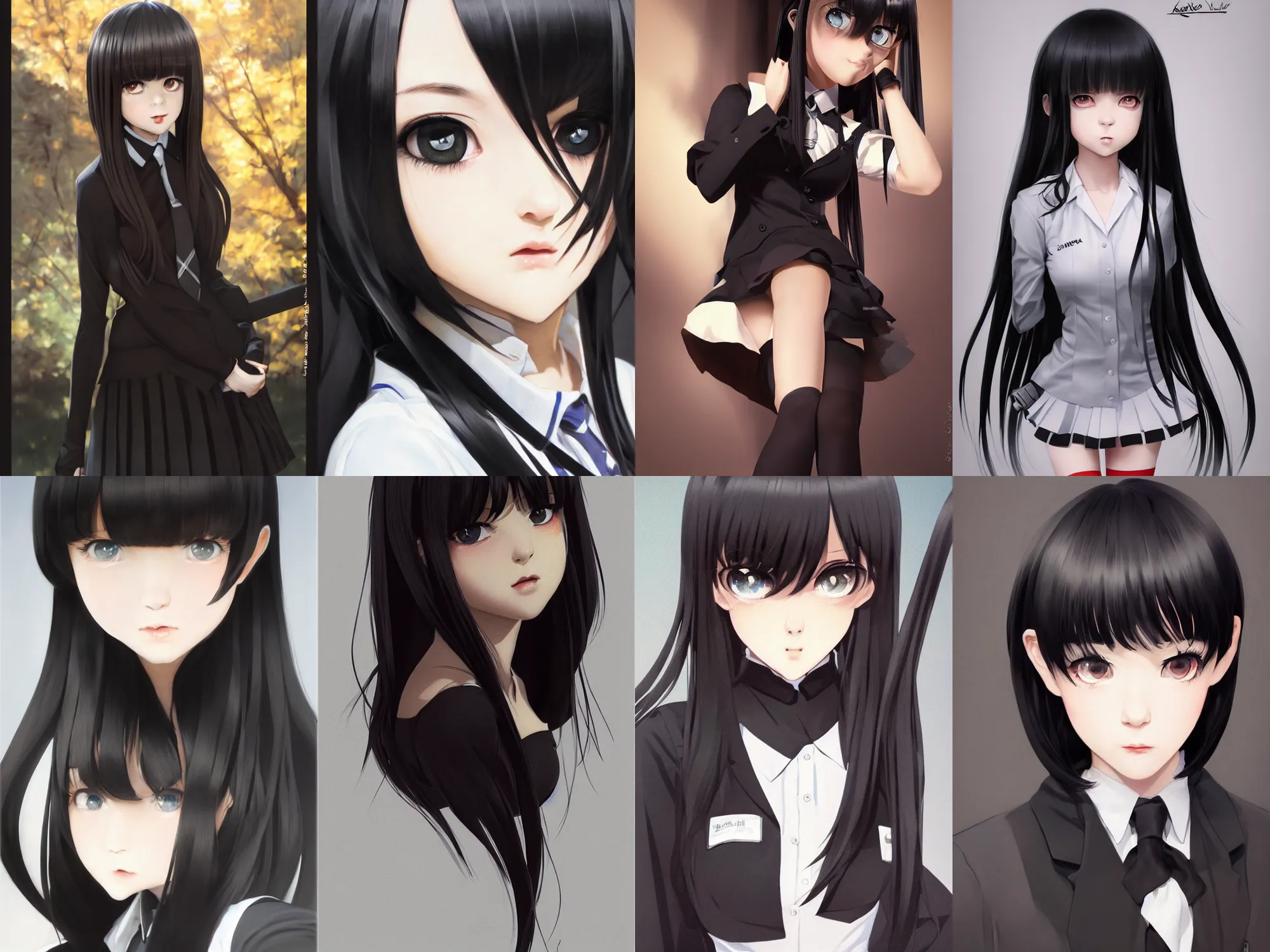 Prompt: A hyperrealistic schoolgirl, in black uniform, black silky hair, very detailed black stunning deep eyes. Darkness. By ilya kuvshinov, krenz cushart, Greg Rutkowski, trending on artstation. Glossy materials, sharp highlights, amazing textured brush strokes, soft curvy shape, clear curvy details, cinematic soft volumetric studio lighting, with backlight, VFX, HDR