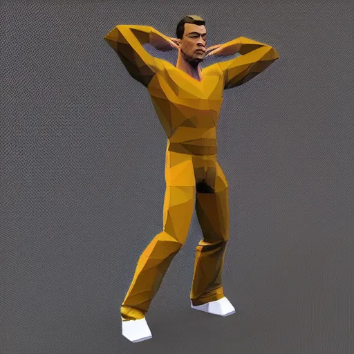 Prompt: a render of a low poly 3d model of 90's Jean Claude Van Damme, psx style, playstation 1 graphics, model is t-posing, black bg