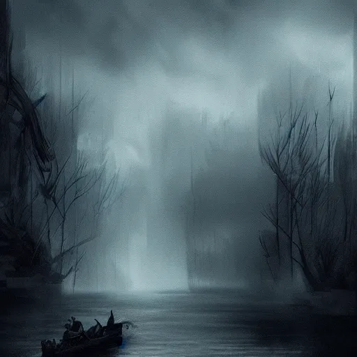 Prompt: river of darkness illustration trending on artstation, moody, atmospheric, dimly lit,