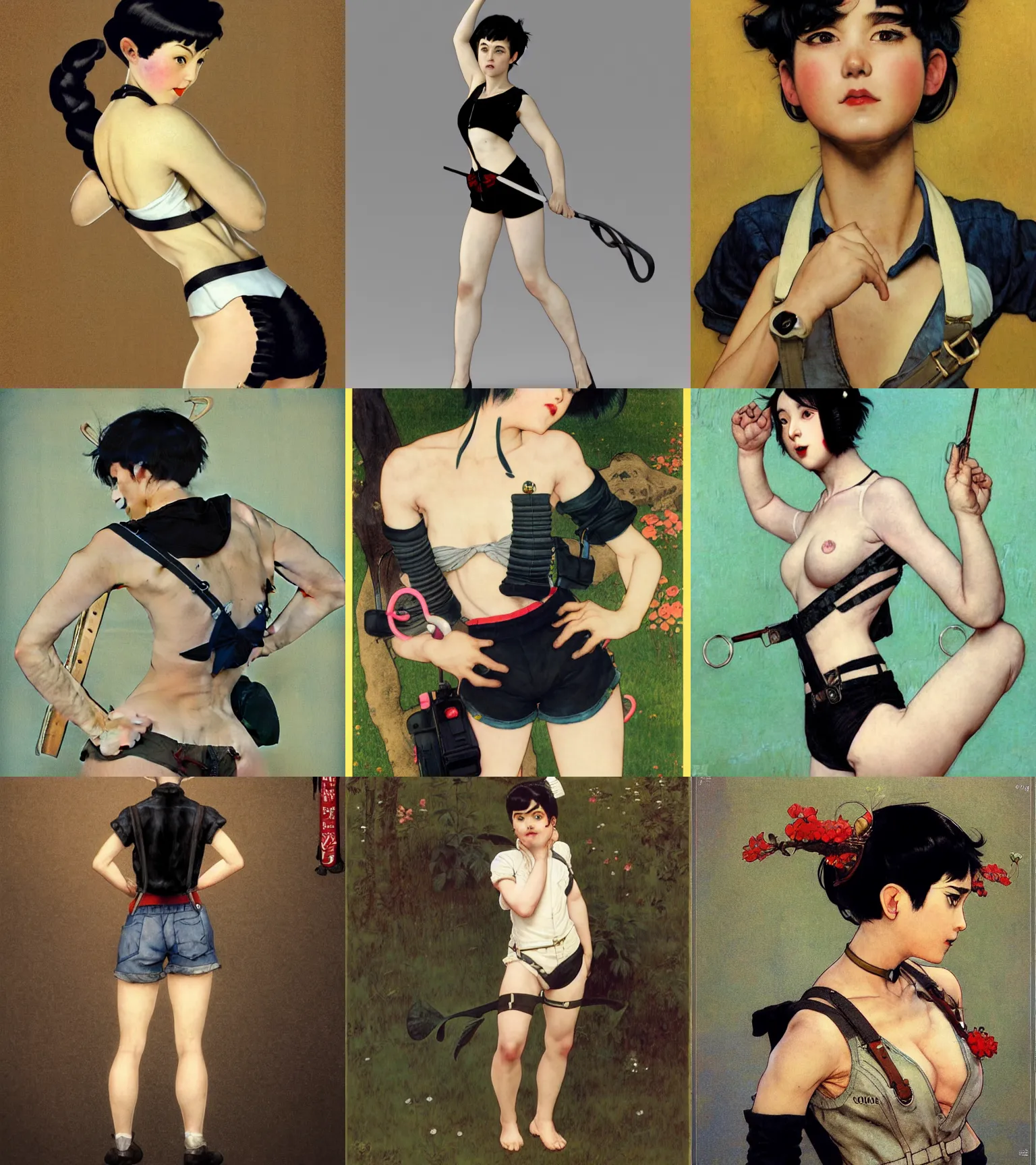 Prompt: a girl with black hair pixie cut in shorts with suspenders drawn by eisuke ogura, norman rockwell, frank frazetta, peter paul rubens, alphonse mucha, gustav klimt 4k, unreal 5, DAZ, trending on artstation, octane render, hyperrealistic