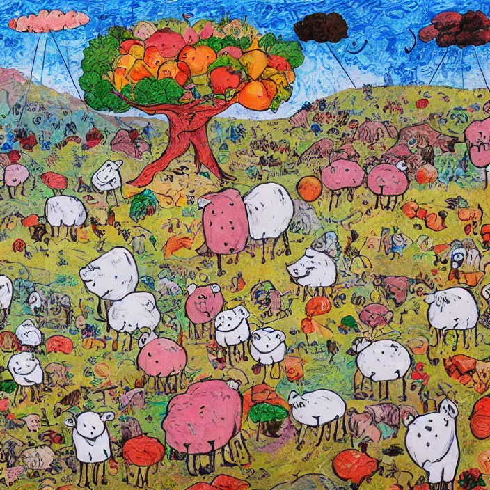 Prompt: several dead sheep, mountains of gigantic fruit, naivistic art, childrens drawing, story book illustration, expressive, expressionistic, outsider art, colorful, schizophrenic, paranoid