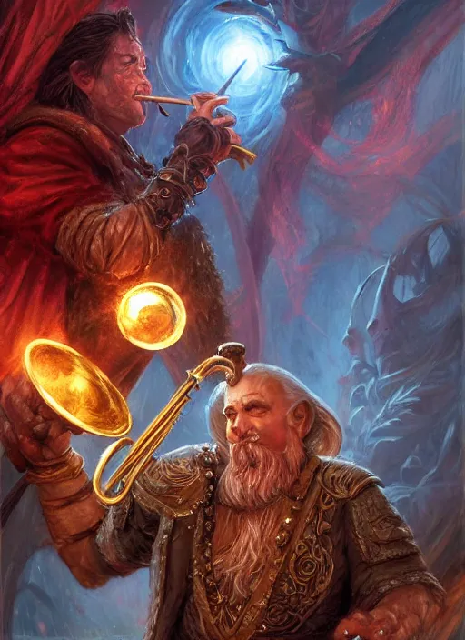 Image similar to bard playing trumpet, ultra detailed fantasy, dndbeyond, bright, colourful, realistic, dnd character portrait, full body, pathfinder, pinterest, art by ralph horsley, dnd, rpg, lotr game design fanart by concept art, behance hd, artstation, deviantart, hdr render in unreal engine 5