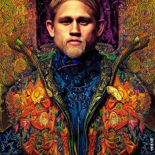 Image similar to portrait of charlie hunnam, hyper detailed masterpiece, neon floral pattern, jean giraud, digital art painting, darkwave goth aesthetic, psychedelic, artgerm, donato giancola and tom bagshaw