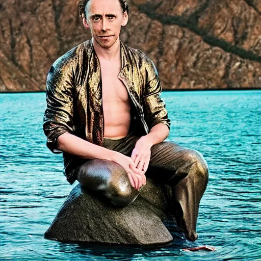 Prompt: Tom Hiddlestone as a beautiful mermaid sitting on a rock in the middle of a lake wearing a shiny silk jacket