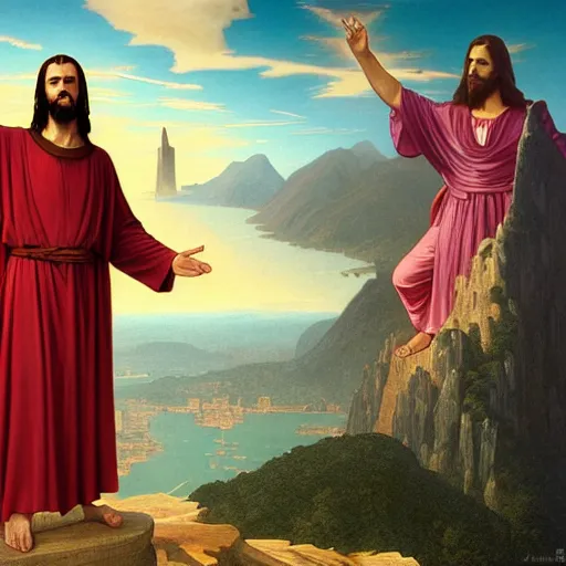 Prompt: buddy christ from dogma as christ the redeemer pointing both fingers in front of him, dynamic composition, dramatic lighting, trending on artstation, award winning art, stylized painting, ultrawide lens, aerial photography, rio de janeiro, 4 k, art by william bouguereau, alphonse mucha, greg rutkowski,