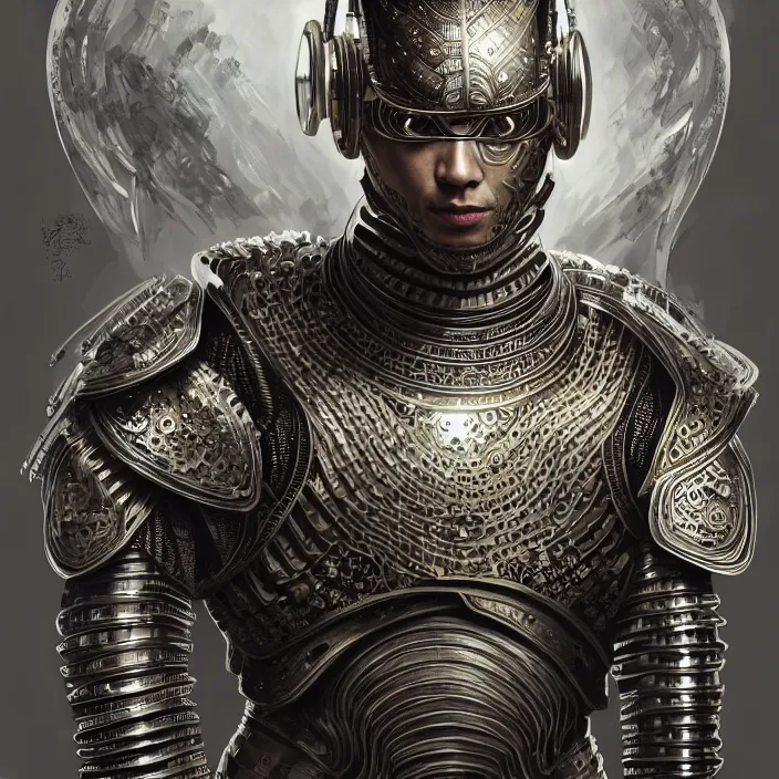 Prompt: portrait of a man wearing cyborg armor, Javanese batik pattern, subject in the center of the frame, wide angle shot, diffuse lighting, fantasy, intricate, elegant, highly detailed, lifelike, photorealistic, digital painting, artstation, illustration, concept art, smooth, sharp focus, art by John Collier and Albert Aublet and Krenz Cushart and Artem Demura and Alphonse Mucha