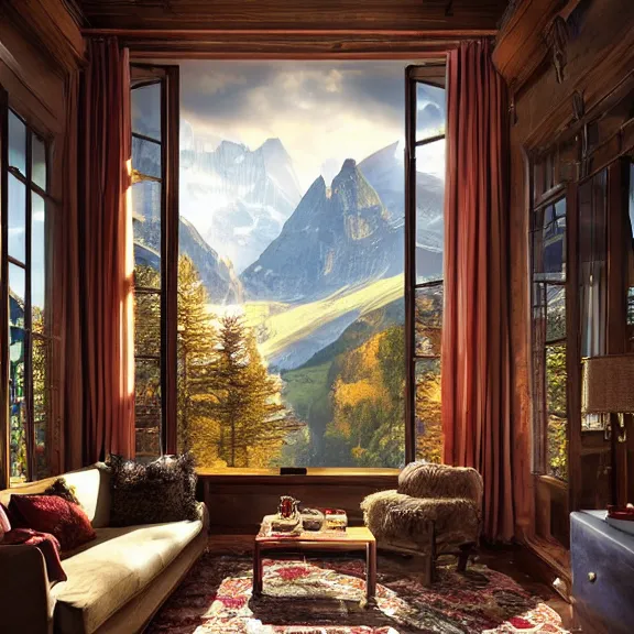 Image similar to fantastical living room with switzerland landscape in the window by marc adamus, beautiful dramatic lighting, high definition