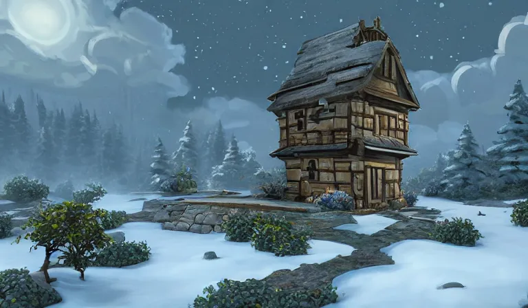 Prompt: A serene landscape with a singular building in the style of Blizzard Studio.