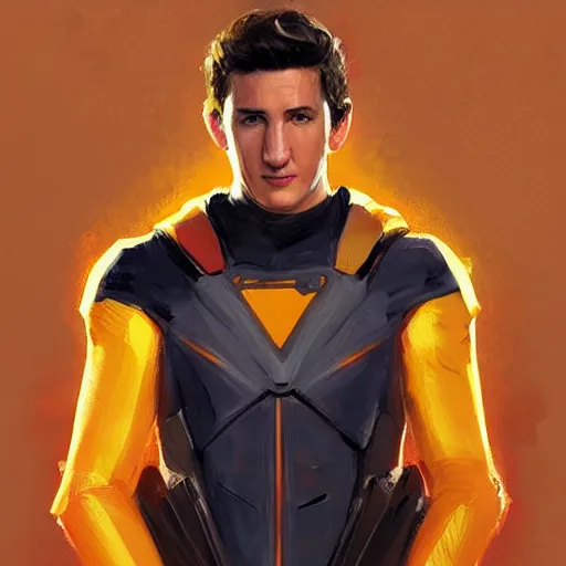 Image similar to portrait of a superhero by greg rutkowski, he looks like miles teller, he is wearing a black, orange and yellow kevlar gear, highly detailed portrait, digital painting, artstation, concept art, smooth, sharp foccus ilustration, artstation hq