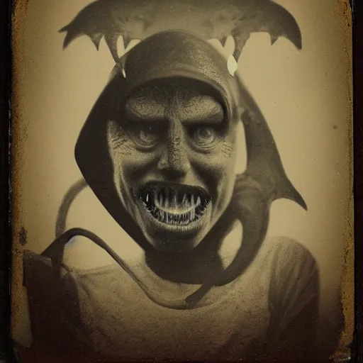 Image similar to demonic shark as human, portrait, tintype, creepy, real.