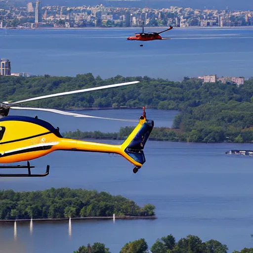 Prompt: photograph airbus helicopter taking off over the hudson river HD 4k