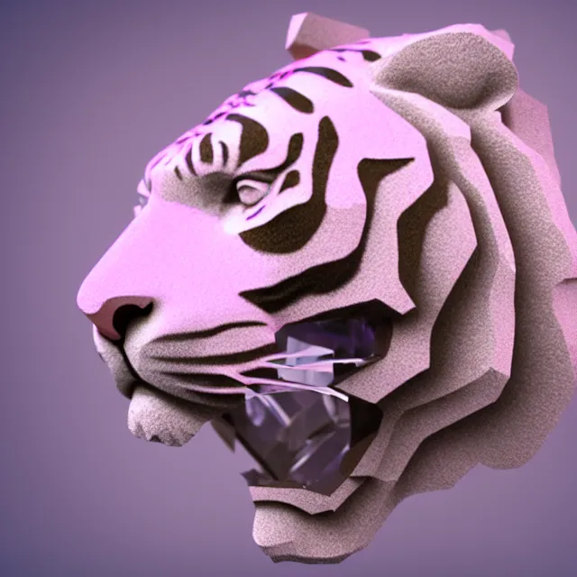 Image similar to 4 k 3 d render of a gigantic tiger head made of crystaline rose quartz, symetrical features.