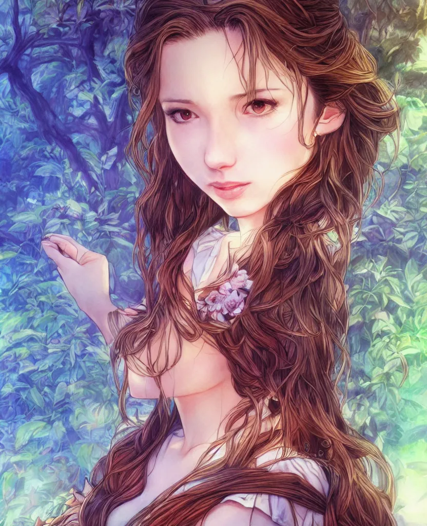 Image similar to bemused to be at the zoo aerith gainsborough portrait looking straight on, complex artistic color ink pen sketch illustration, full detail, gentle shadowing, fully immersive reflections and particle effects, concept art by artgerm