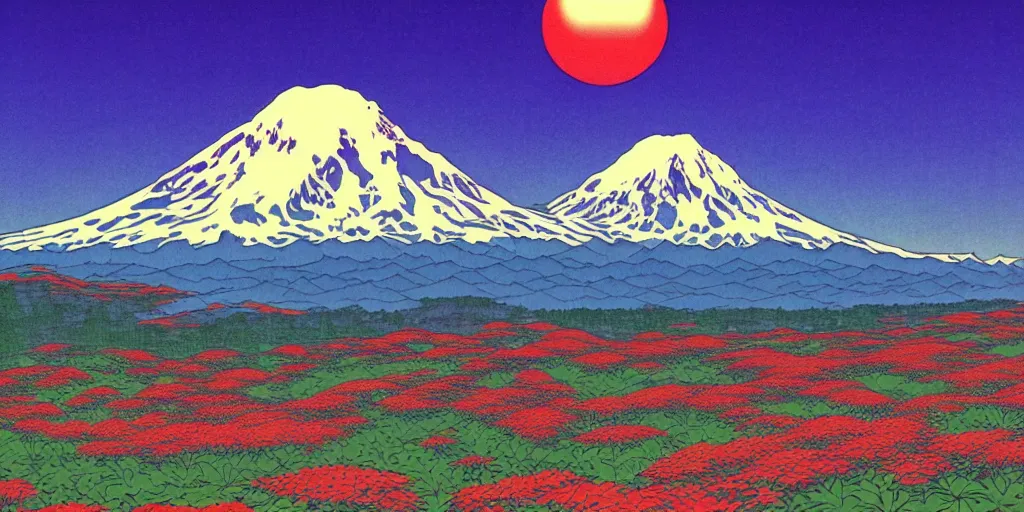 Image similar to seattle with mount rainier in the background, acid and dreaming psychedelic hallucinations, by kawase hasui, moebius and edward hopper, colorful flat surreal design, hd, 8 k, artstation