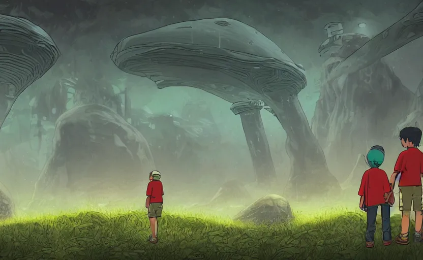 Image similar to highly detailed cell - shaded cartoon landscape with two boys looking at a miniature alien creature 1 9 7 0 s science fiction, moody, misty, depth perception, 4 k, artstation, in the style of studio ghibli