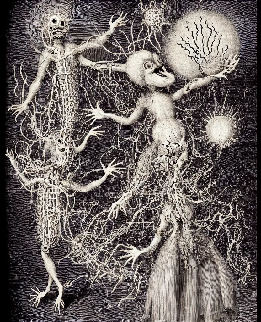 Image similar to whimsical freaky creature sings a unique canto about'as above so below'being ignited by the spirit of haeckel and robert fludd, breakthrough is iminent, glory be to the magic within