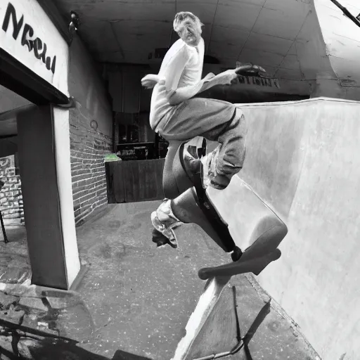 Prompt: award winning close up, black and white only, photo of, Tony Hawk, skateboarding, doing the loop, in the 1986 vert contest, by J. Grant Brittain, Atiba Jefferson, C. R. Stecyk III, fisheye lens, detailed faces, detailed skateboard, 8k, sharp image, balanced composition