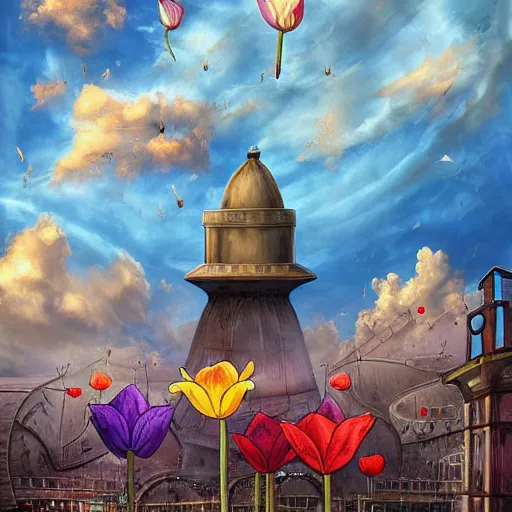 Prompt: flying tulip steam fortress, fantasy art, urban, sky in the background, detailed, behrens style