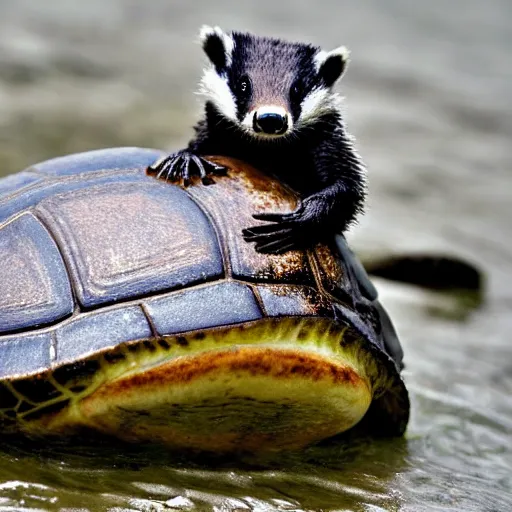 Image similar to badger riding a turtle, hyper realistic, nature photography, 8K HD, HDR, top rated on /r/aww