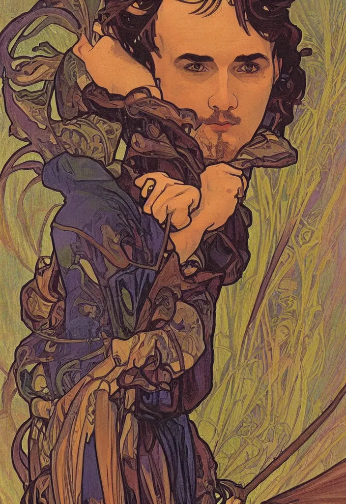 Image similar to realistic ian goodfellow on a tarot card, tarot in art style by alphonse mucha