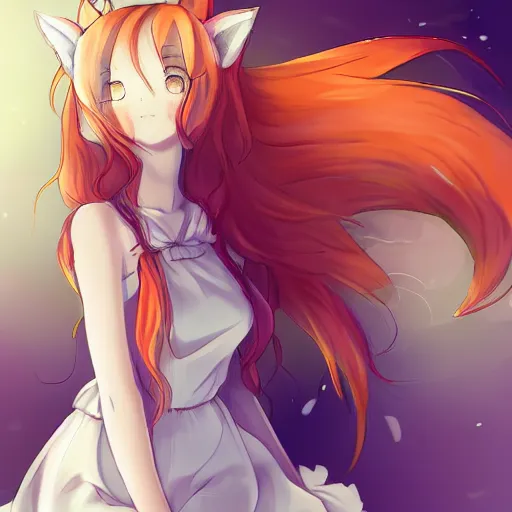 Prompt: cute anime foxgirl with long curly orange hair and two fox ears on her head wearing white dress by jdotkdot5