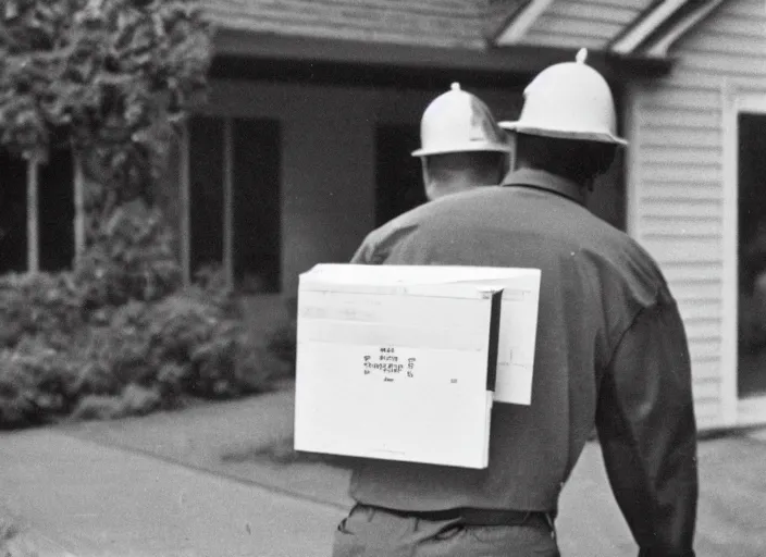 Prompt: a 3 5 mm photo from the back of a mailman delivering the mail to a suburban house in the 1 9 6 0 s, bokeh, canon 5 0 mm, cinematic lighting, dramatic, film, photography, golden hour, depth of field, award - winning, 3 5 mm film grain