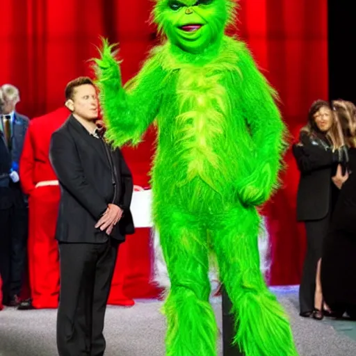 Image similar to elon musk cosplaying as the grinch, elon musk wearing a grinch costume, cosplay award winner