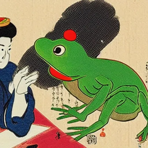 Prompt: A beautiful ukiyo-e painting of Bob Ross blessing Kermit the frog