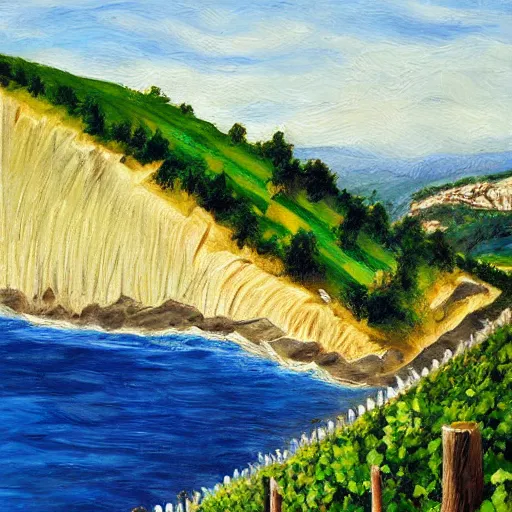 Image similar to highly detailed painting of a cliff side, at the bottom is a vineyard, thick brush strokes, visible paint layers.