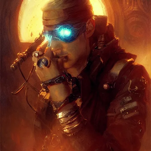 Prompt: a futuristic cyberpunk pirate with an eyepatch, dystopian mood, sci-fi character portrait by gaston bussiere, craig mullins