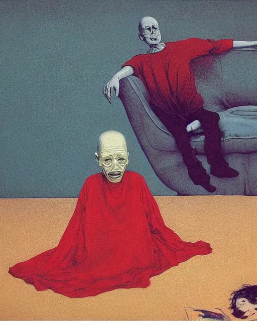 Image similar to early color photo of an old dead couple sitting on a couch in an old soviet apartment and looking at the scared enlightened boy flying up in sky, Beksinski impasto painting, part by Adrian Ghenie and Gerhard Richter. art by Takato Yamamoto, masterpiece