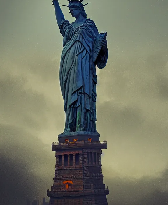 Prompt: highly detailed digital matte painting of a Lady Liberty statue with overgrowth Full shot. By Raphael LaCoste and Ruan Jia and Robert McCall, postcyberpunk, geodesic dome, hyperdetailed, sunrise, wide shot, autochrome, octane render