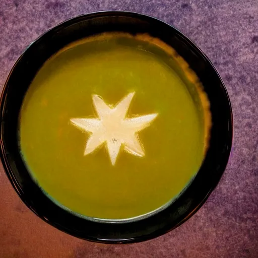 Image similar to a bowl of soup in an empty hotel hallway, mysterious, dark, cosmic, ethereal, mystical, neon lit