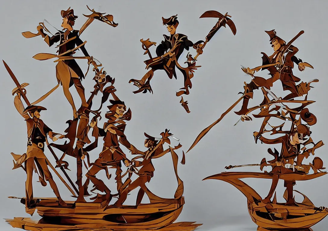 Prompt: a stylized cut paper sculpture of peter pan and captain hook swordfighting on a pirate ship