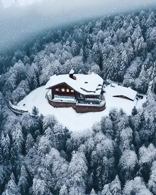 Image similar to hidden mansion in the alps with snow covered roof set on fire, zoomed out, shot from drone, iphone capture