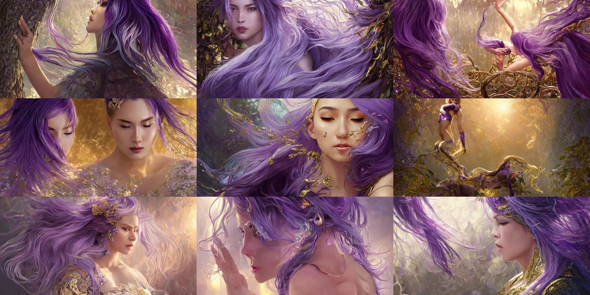 Image similar to wide angle, opulescent purple panther, metallic silver and ice color reflected crystal hair, leaping from babaob tree, fantasy, intricate, very beautiful, elegant, golden light, highly detailed, digital painting, artstation, concept art, smooth, sharp focus, unreal engine, art by wlop and tian zi and alphonse mucha