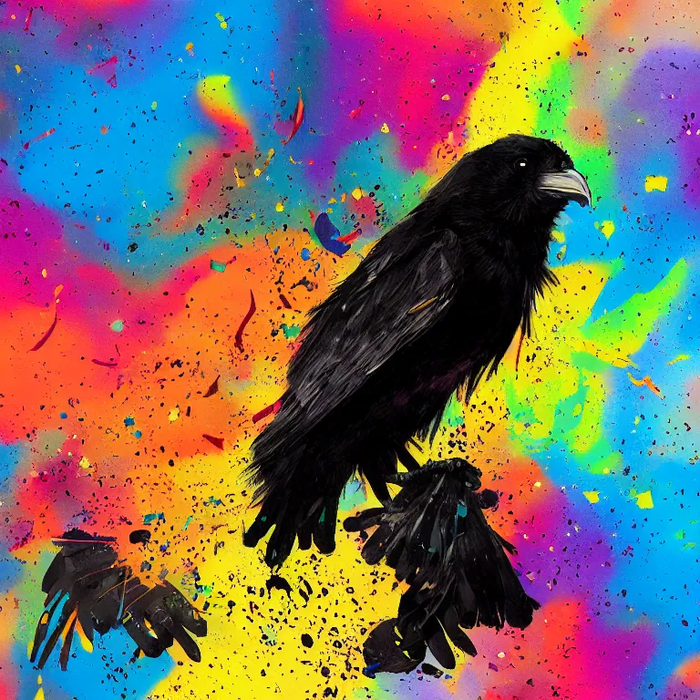 Image similar to colorful illustration of black raven bird in headphones, colorful splatters, by andy wrahol and zac retz and kezie demessance