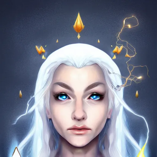 Image similar to Beautiful white haired aged fair skinned scholar elf with spell scroll and lightning background, symmetrical, realism, digital painting, detailed artwork, portrait, mythical, artstation